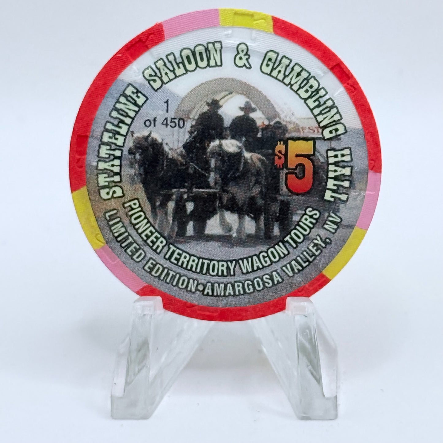 Stateline Saloon Amargosa Valley Nevada 1997 'Pioneer Territory Wagon Tours' LE $5 Casino Chip V1595