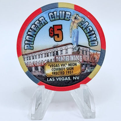 Pioneer Club Las Vegas Nevada 1995 'Vegas Vic Neon Cowboy Sign Erected' LE $5 Casino Chip N2548