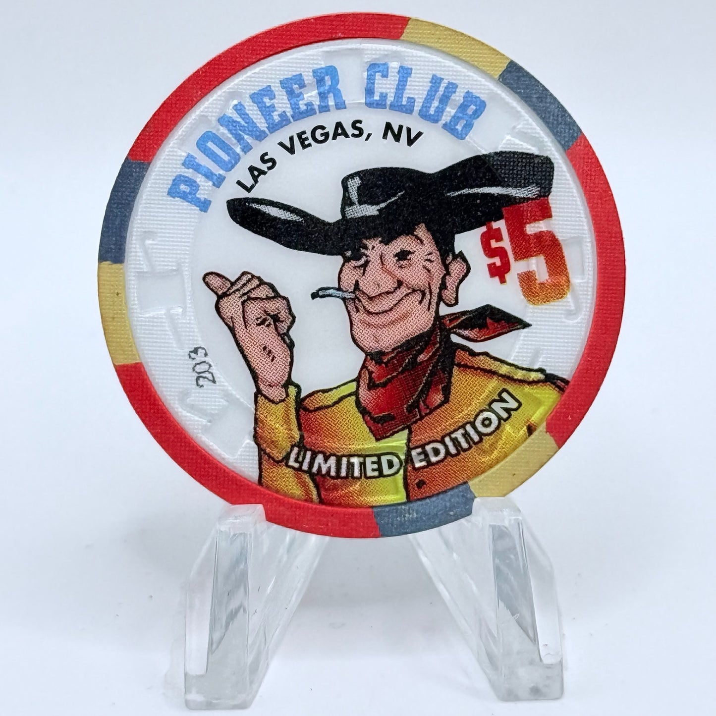 Pioneer Club Las Vegas Nevada 1995 'Vegas Vic Neon Cowboy Sign Erected' LE $5 Casino Chip N2548