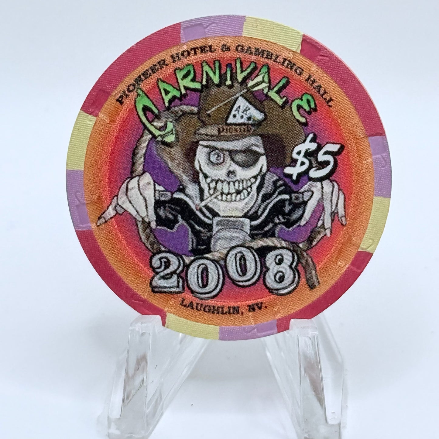 Pioneer Hotel & Gaming Hall Laughlin Nevada 2008 'Carnivale' LE $5 Casino Chip E8485