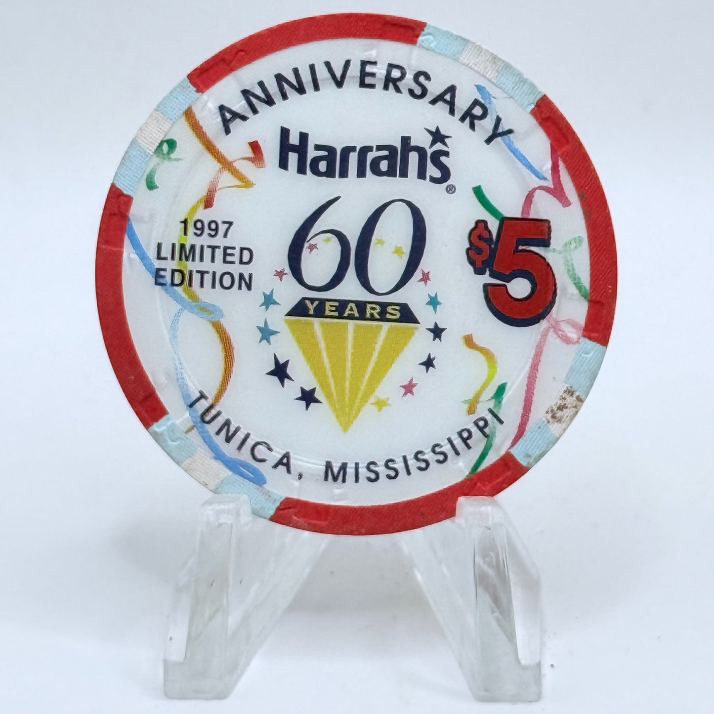 Harrah's Mardi Gras (1996-2005) Tunica Mississippi '60th Anniversary' LE $5 Casino Chip