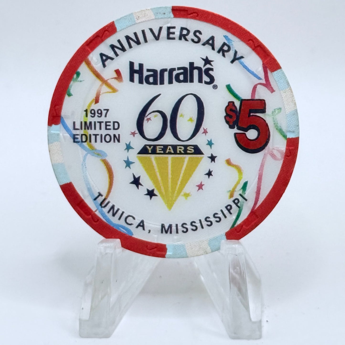 Harrah's Mardi Gras (1996-2005) Tunica Mississippi '60th Anniversary' LE $5 Casino Chip