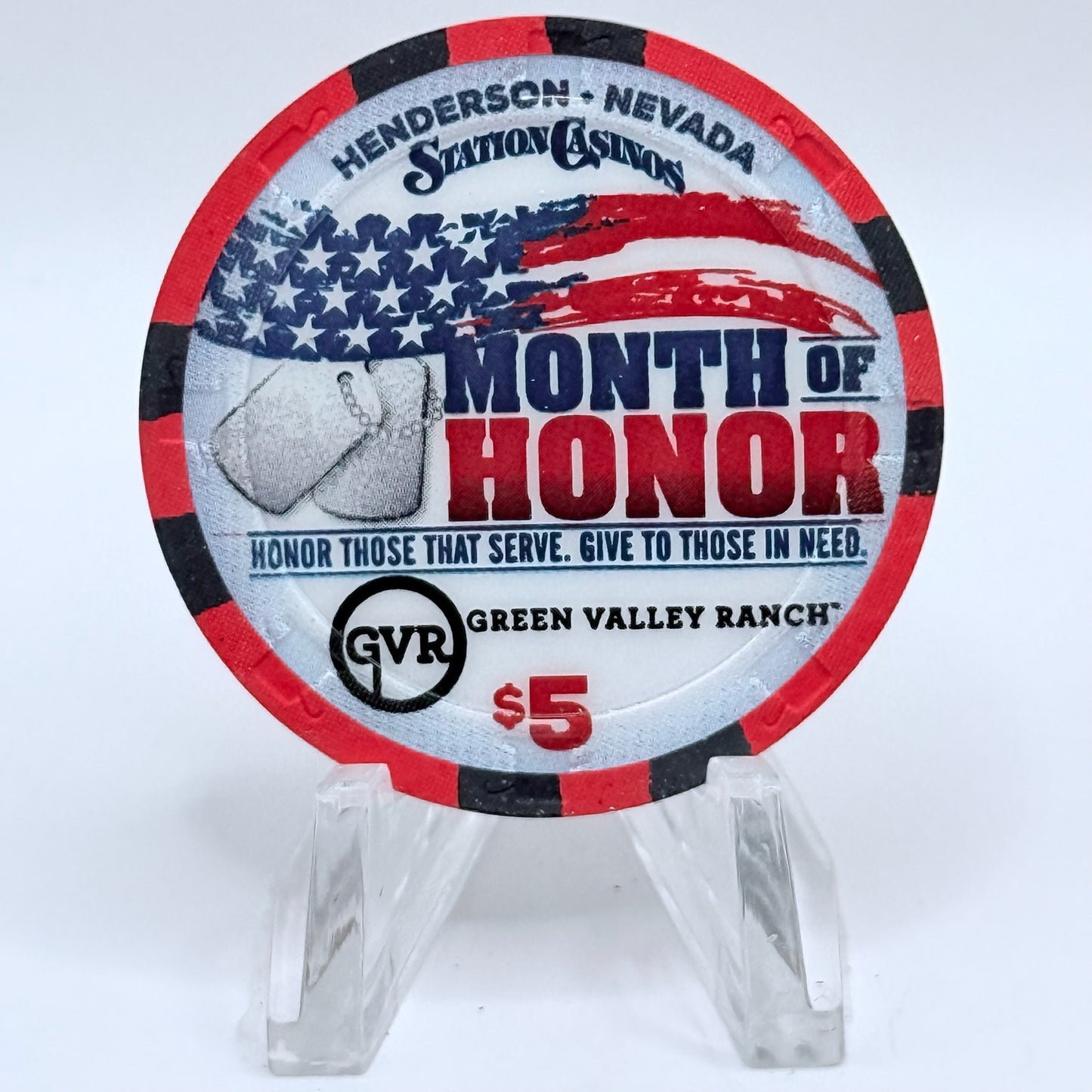 Green Valley Ranch Henderson Nevada 2015 'Honor Those That Serve. Give To Those In Need.' LE $5 Casino Chip D1933