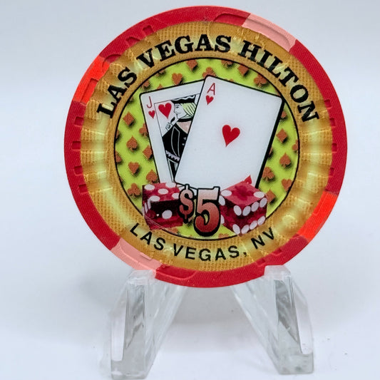 Las Vegas Hilton Las Vegas Nevada 1999 'Blackjack In Hearts' LE $5 Casino Chip V4528