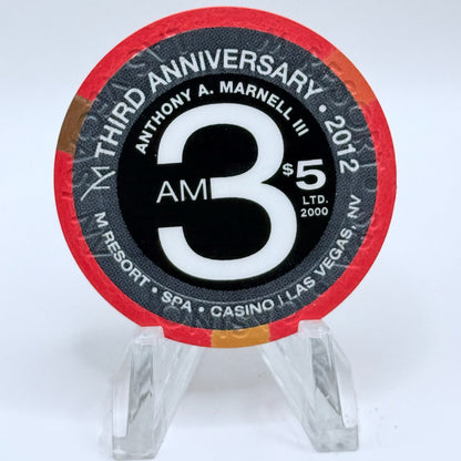 M Resort Spa Casino Las Vegas Nevada 2012 '3rd Anniversary, Anthony A. Marnett III' LE $5 Casino Chip D1129