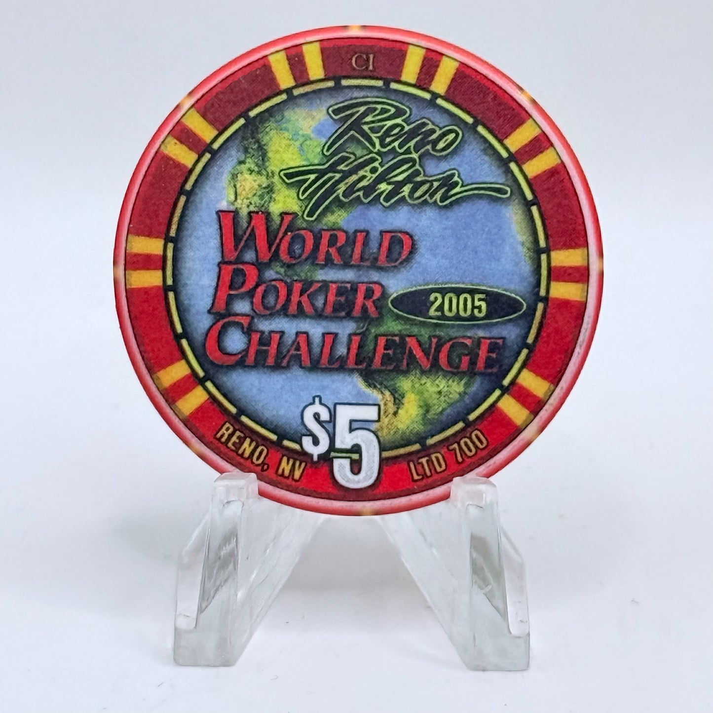 Hilton Resort Reno Nevada 2005 'World Poker Challenge' LE $5 Casino Chip E3434