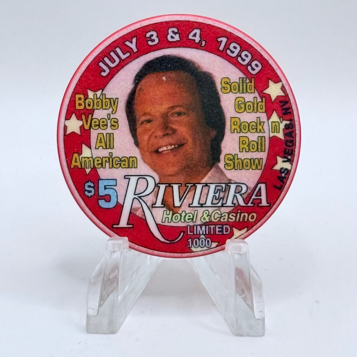 Riviera Las Vegas Nevada 1999 'Bobby Vee's All American Show' LE $5 Casino Chip V3324