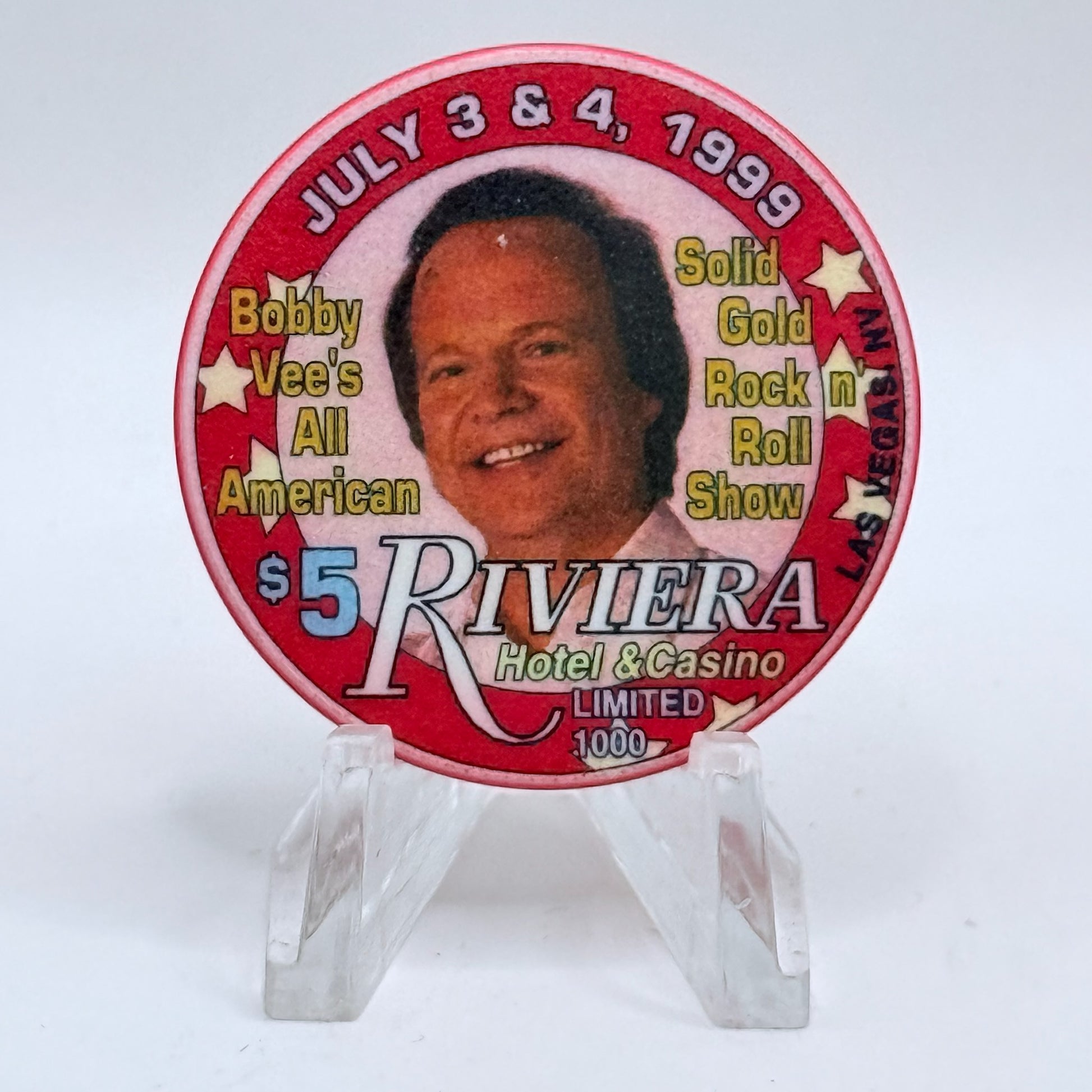 Riviera Las Vegas Nevada 1999 'Bobby Vee's All American Show' LE $5 Casino Chip V3324
