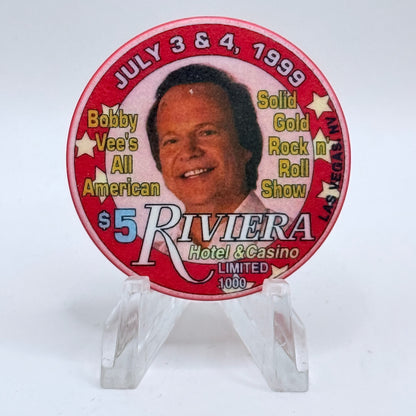 Riviera Las Vegas Nevada 1999 'Bobby Vee's All American Show' LE $5 Casino Chip V3324