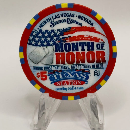 Texas Station N. Las Vegas Nevada 2015 'Honor Those That Serve. Give To Those In Need' LE $5 Casino Chip