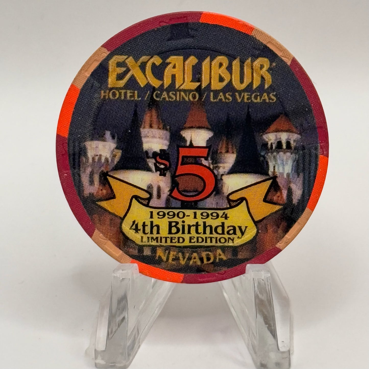 Excalibur Las Vegas Nevada 1994 '4th Birthday' LE $5 Casino Chip N2619