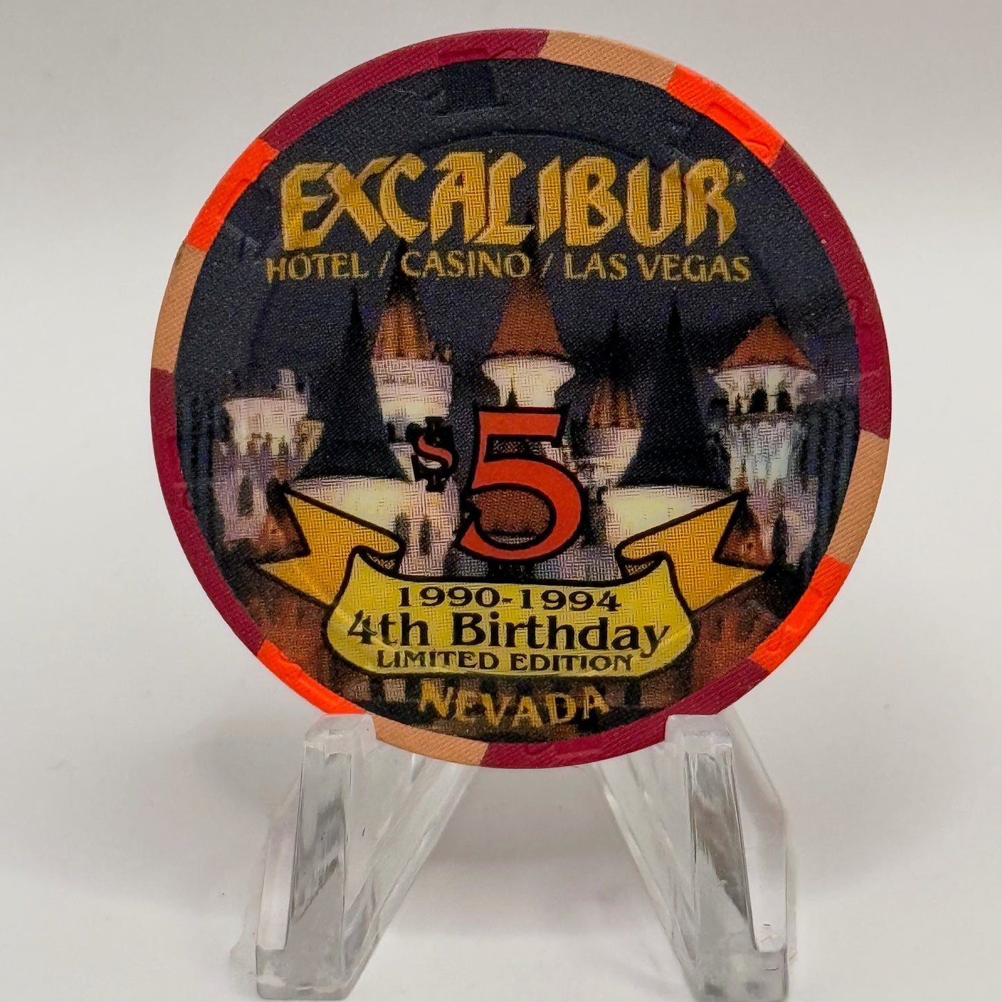 Excalibur Las Vegas Nevada 1994 '4th Birthday' LE $5 Casino Chip N2619