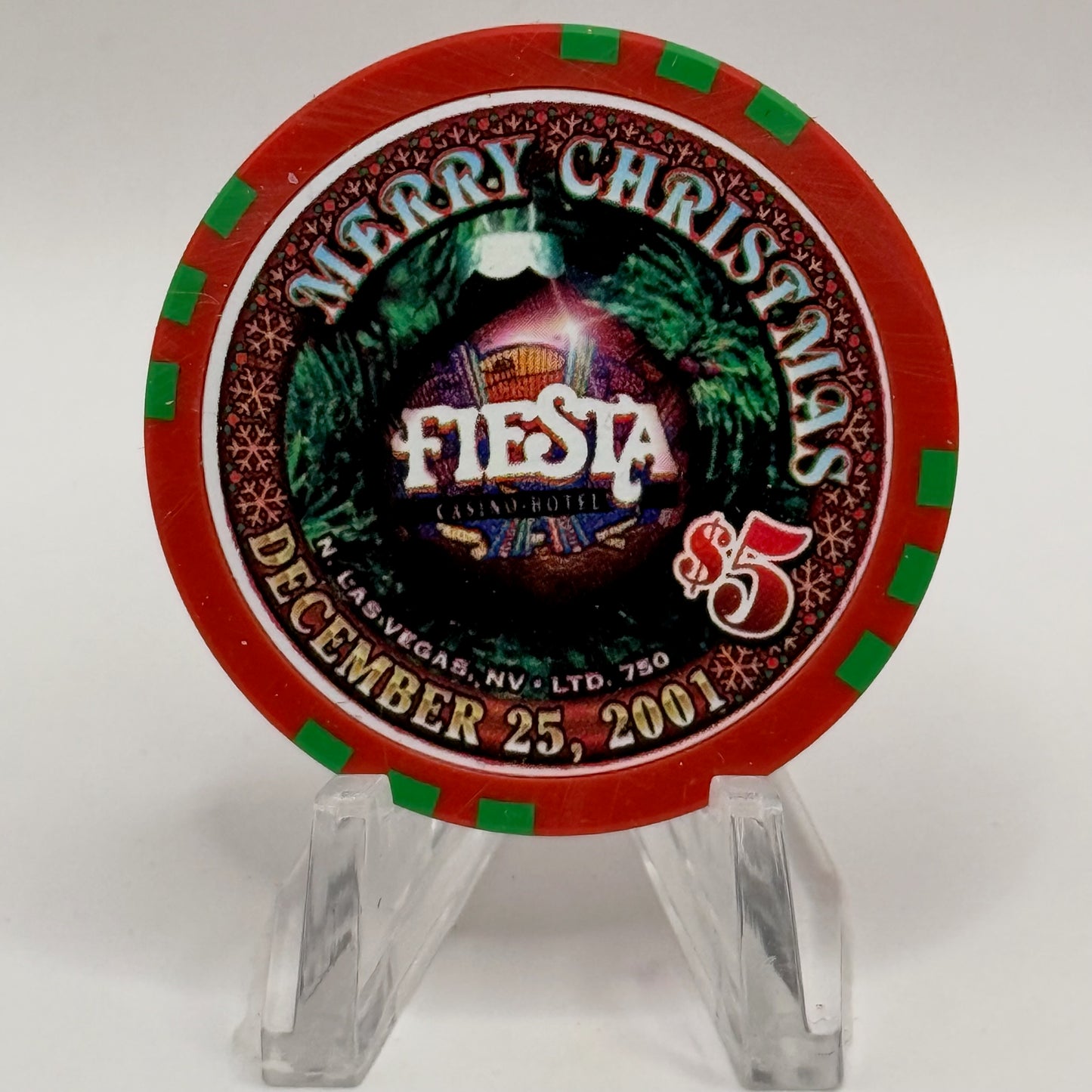 Fiesta Rancho N. Las Vegas Nevada 2001 'Merry Christmas' LE $5 Casino Chip V8444
