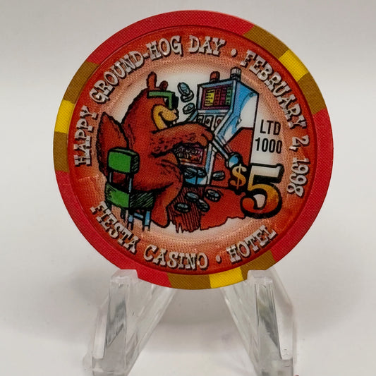 Fiesta Rancho N. Las Vegas Nevada 1998 'Happy Groundhog Day' LE $5 Casino Chip N9648