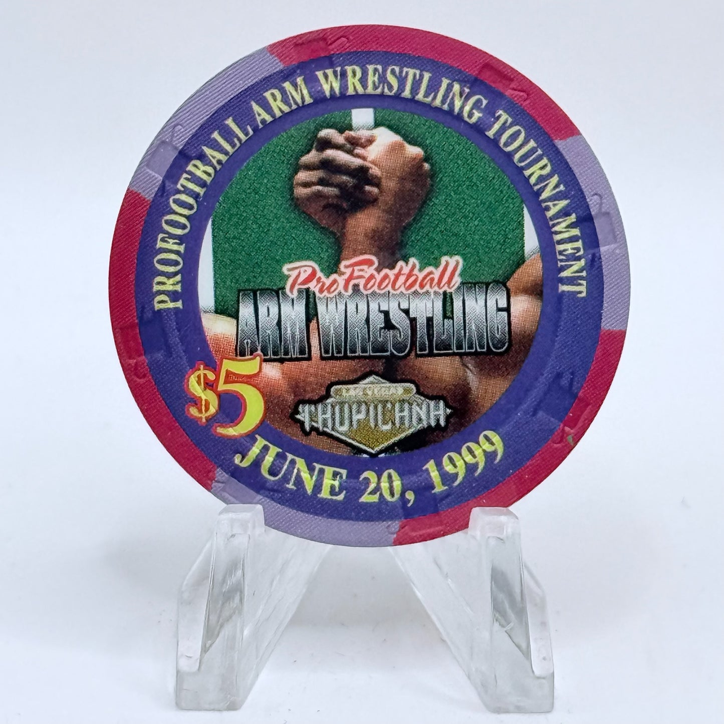 Tropicana Las Vegas Nevada 1999 'Pro Football Arm Wrestling' LE $5 Casino Chip V3553