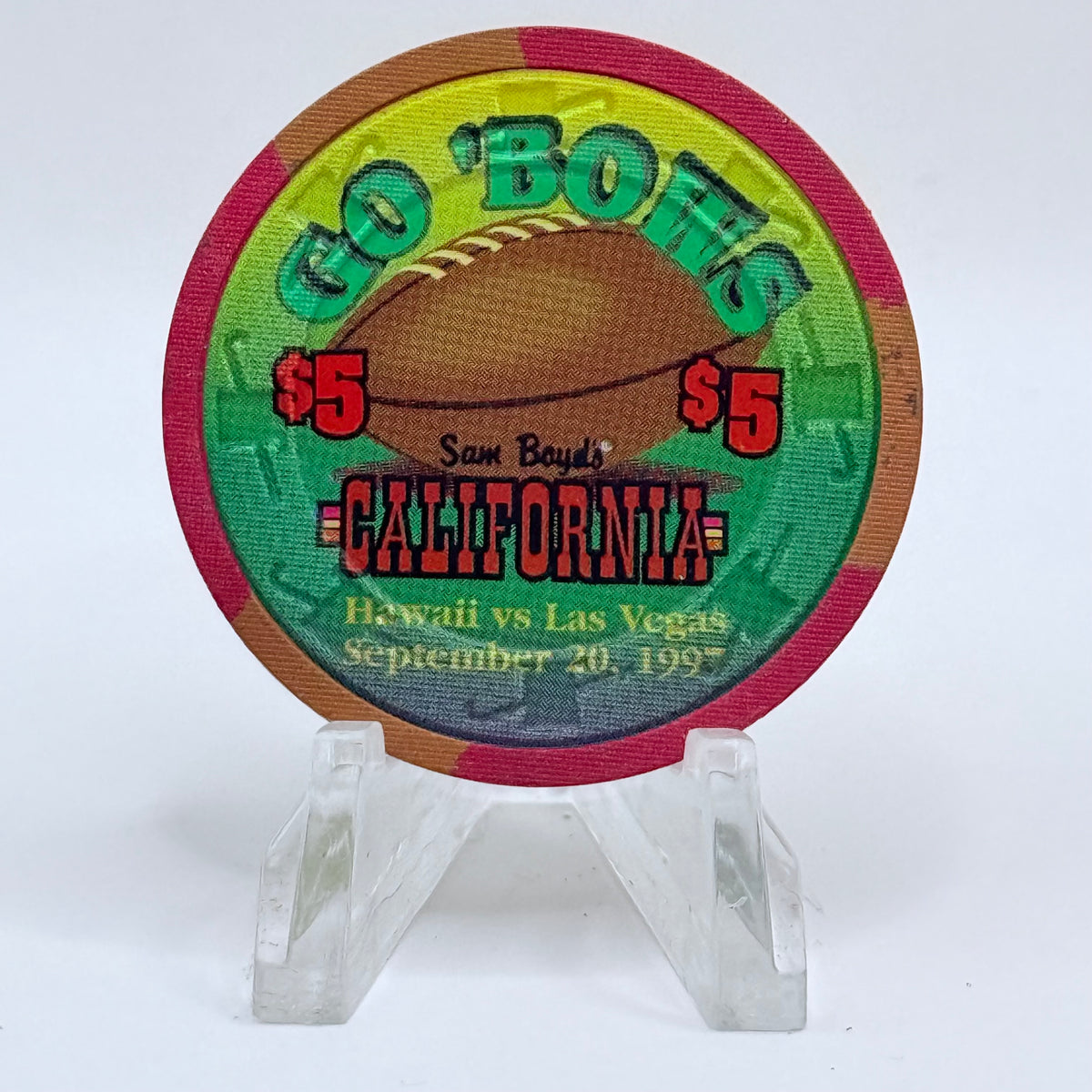 California Hotel Las Vegas Nevada 1997 'Rainbow Football' LE $5 Casino Chip N9429