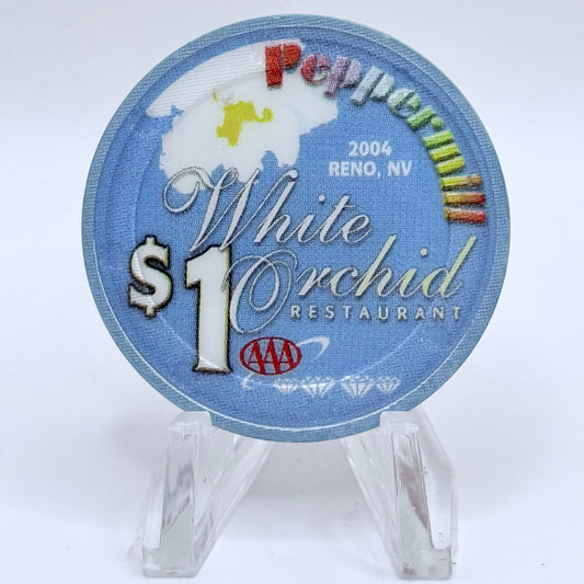Peppermill Reno Nevada 2004 'White Orchid' $1 Casino Chip E4085