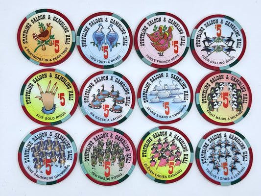 Stateline Saloon Amargosa Valley Nevada 1996 '12 Days of Christmas' Series 1 LE $5 Casino Chip - Lot of 12 chips #336