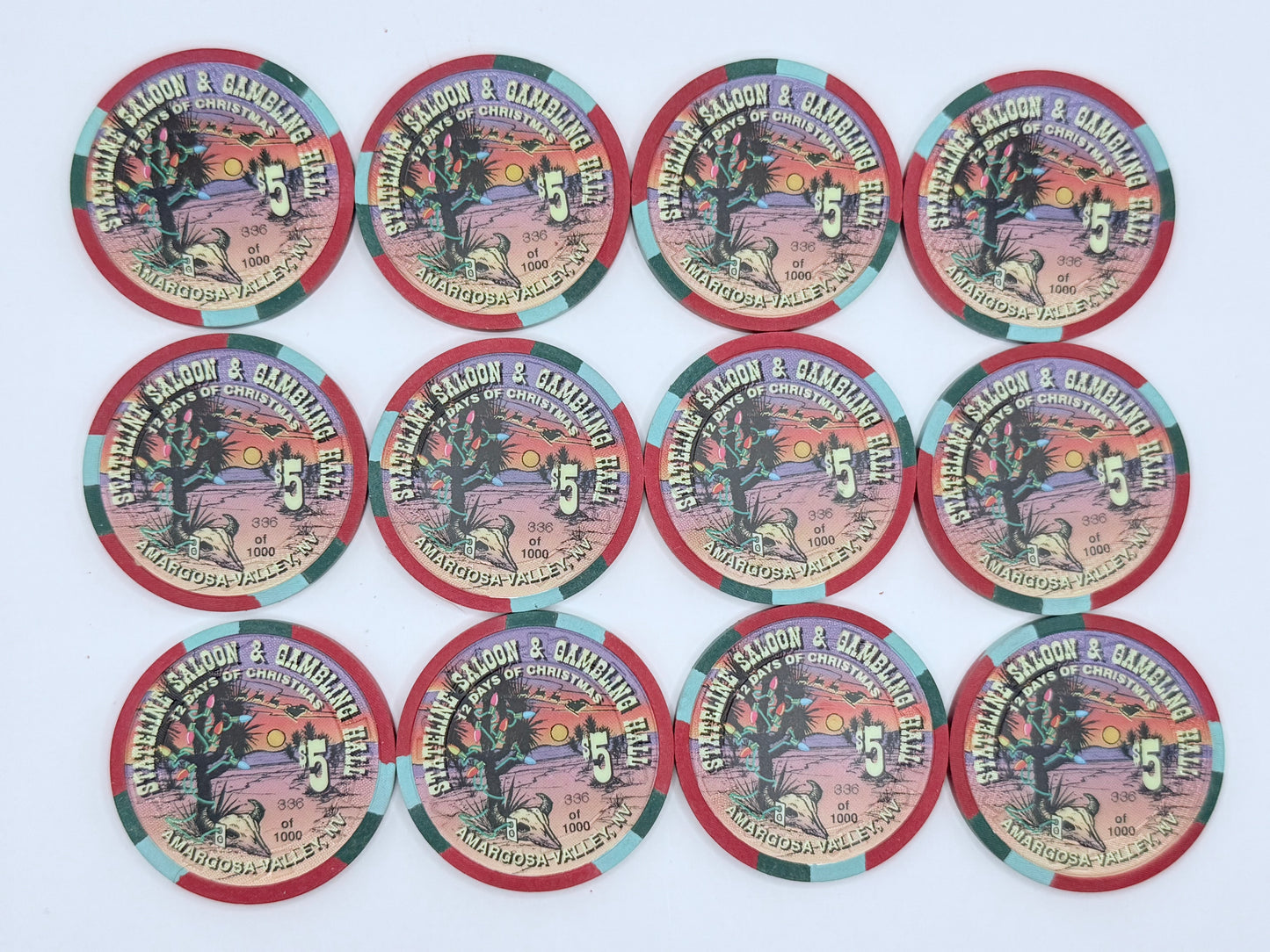 Stateline Saloon Amargosa Valley Nevada 1996 '12 Days of Christmas' Series 1 LE $5 Casino Chip - Lot of 12 chips #336