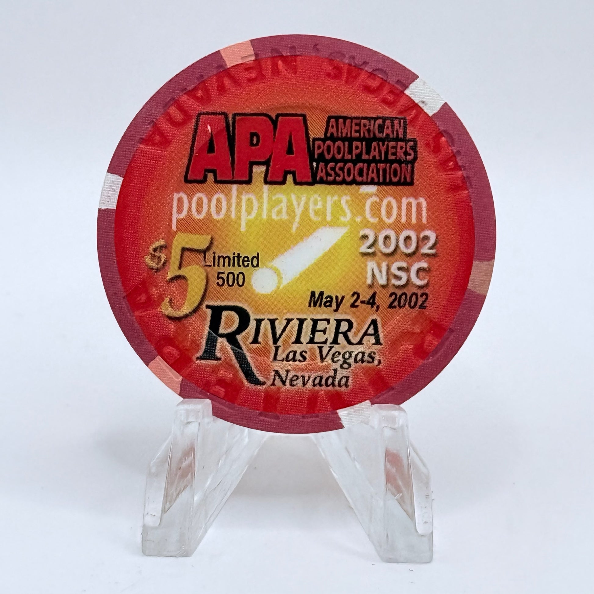 Riviera Las Vegas Nevada 2002 'Apa Pool Tourney' LE $5 Casino Chip E8953
