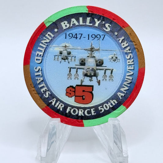 Bally's Las Vegas Nevada 1997 'USAF 50th, Apache Helicopter' LE $5 Casino Chip N9294