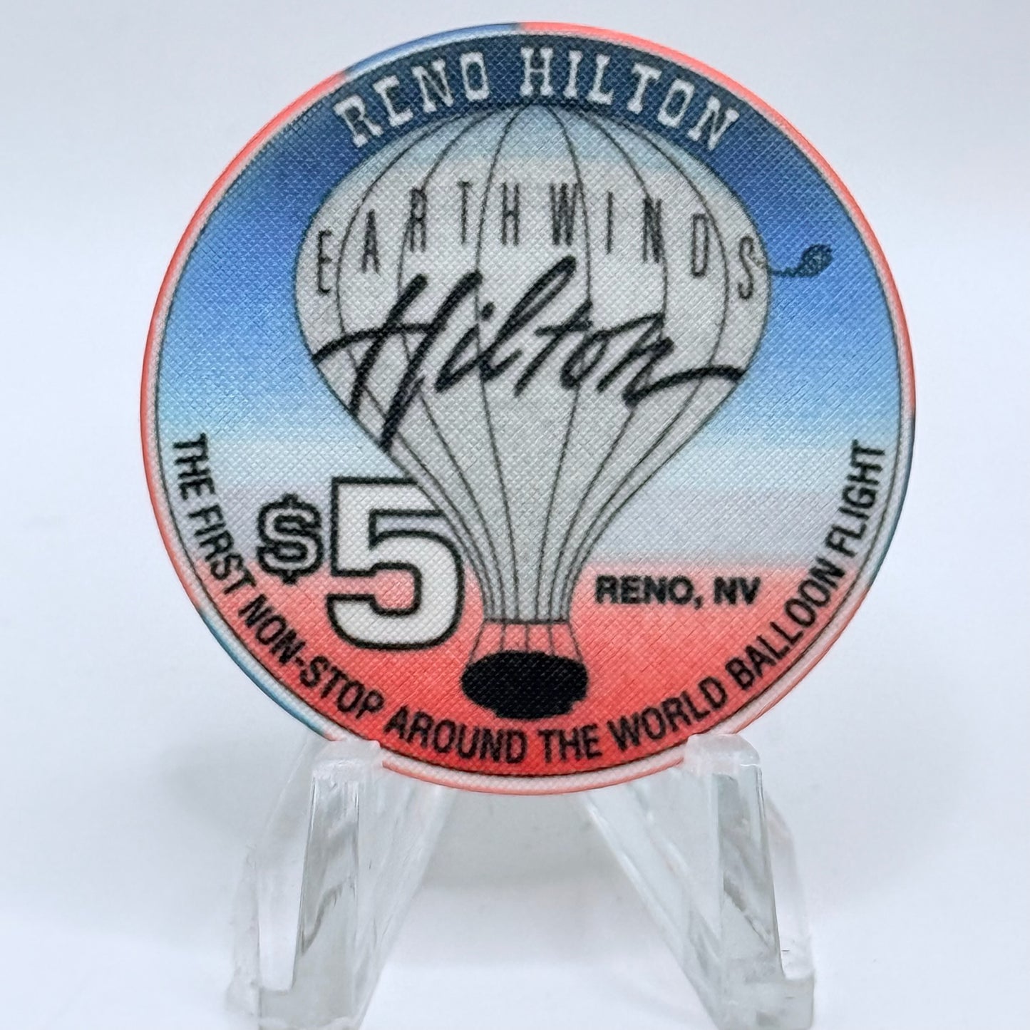 Hilton Resort Reno Nevada 1993 'The First Non-stop Around The World Balloon Flight' LE $5 Casino Chip N7289
