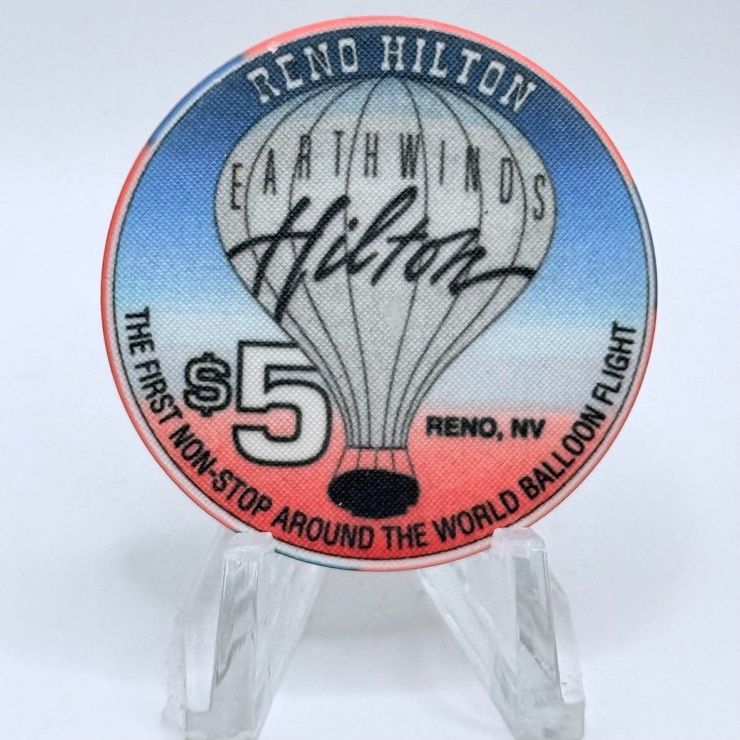 Hilton Resort Reno Nevada 1993 'The First Non-stop Around The World Balloon Flight' LE $5 Casino Chip N7289