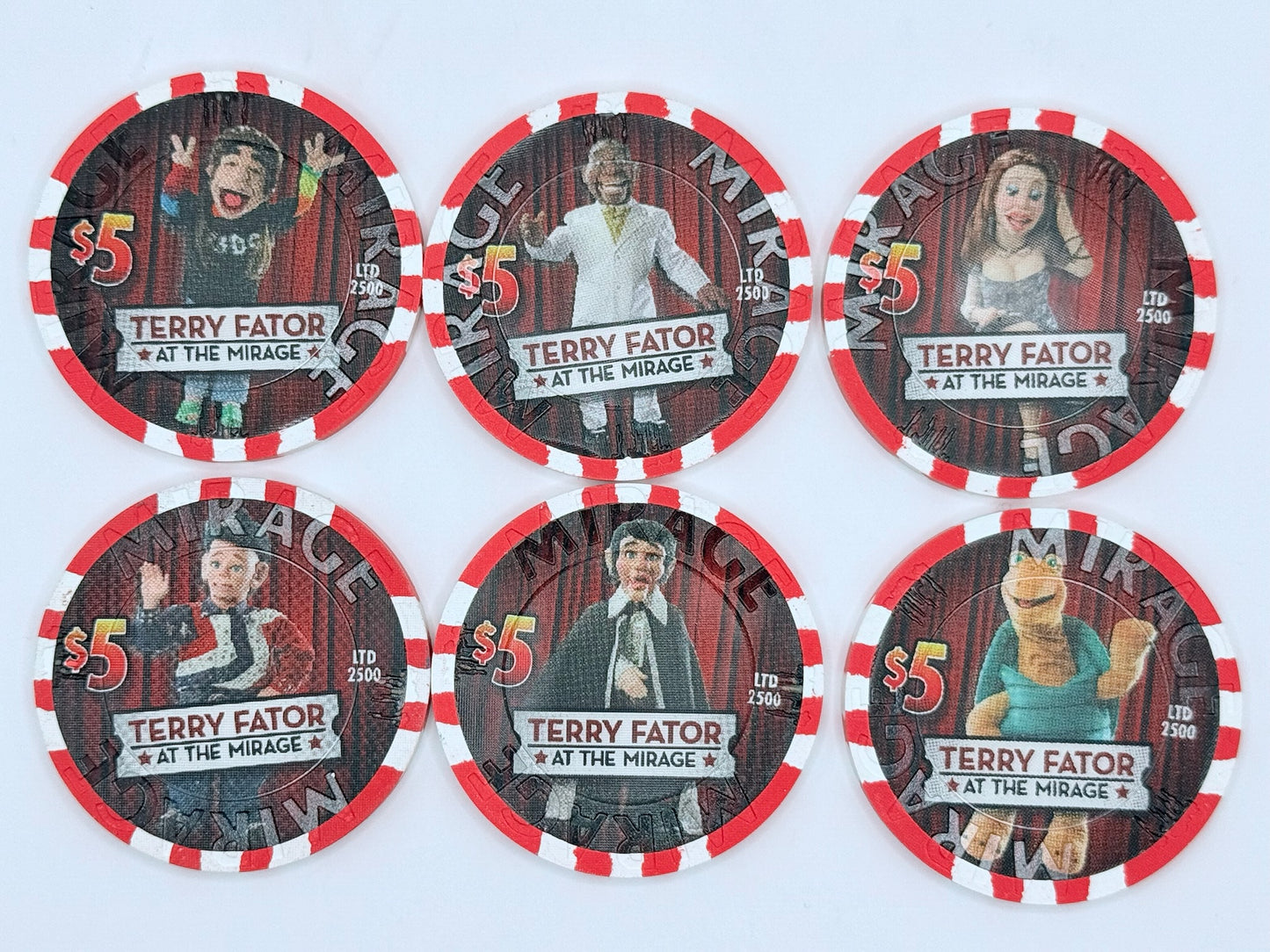 Mirage Las Vegas Nevada 2009 'Terry Fator at the Mirage - set of 6 chips' Series 30 LE $5 Casino Chip