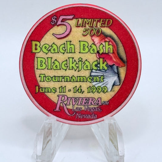 Riviera Las Vegas Nevada 1999 'Beach Bash Blackjack' LE $5 Casino Chip V5383