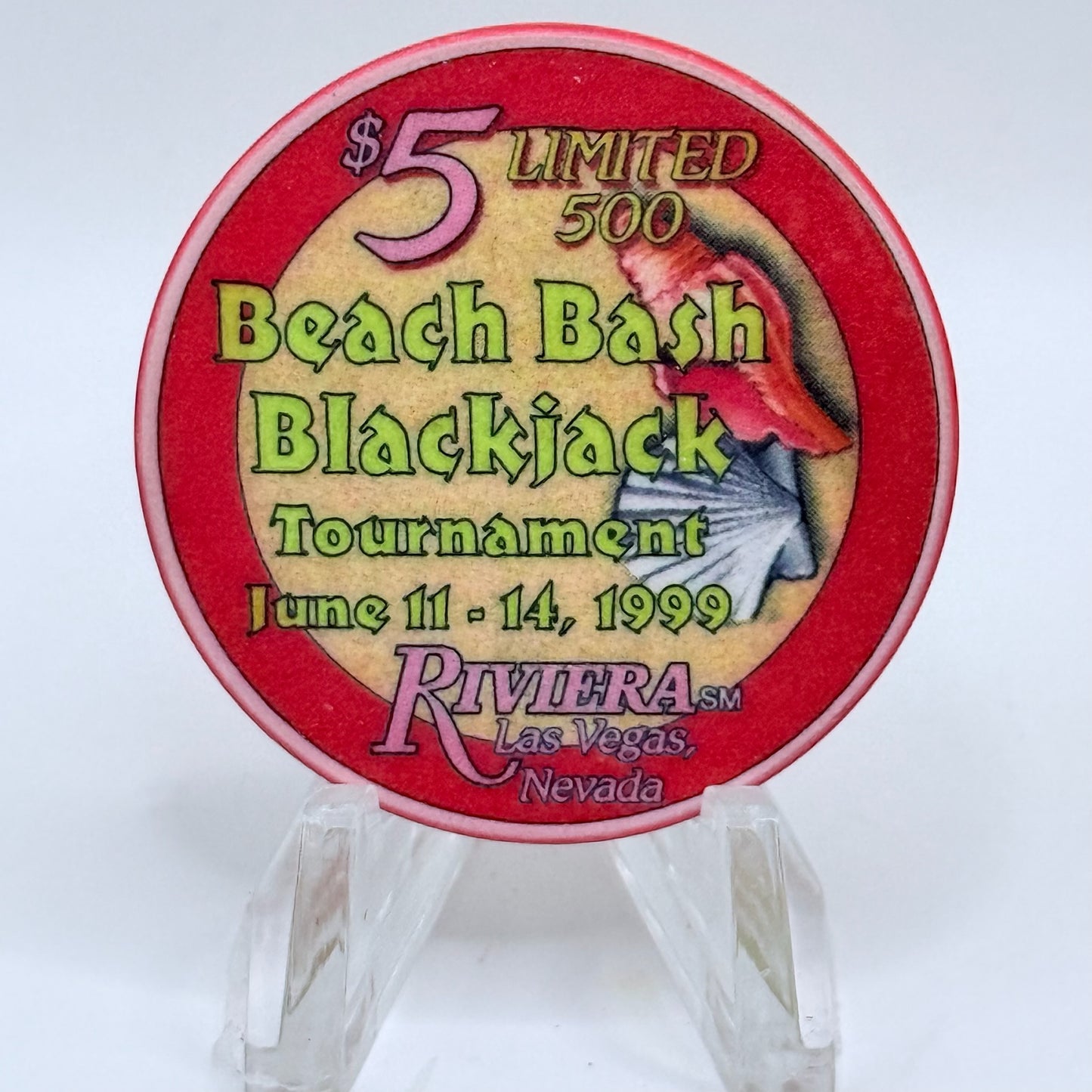 Riviera Las Vegas Nevada 1999 'Beach Bash Blackjack' LE $5 Casino Chip V5383