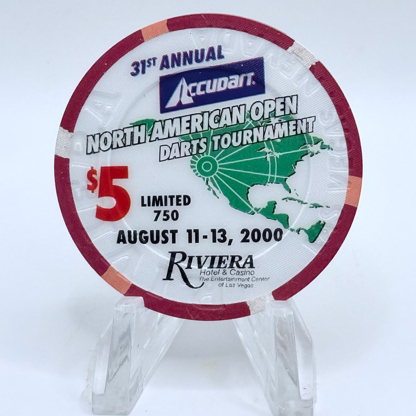 Riviera Las Vegas Nevada 2000 'North American Open Darts Tournament' LE $5 Casino Chip V7337