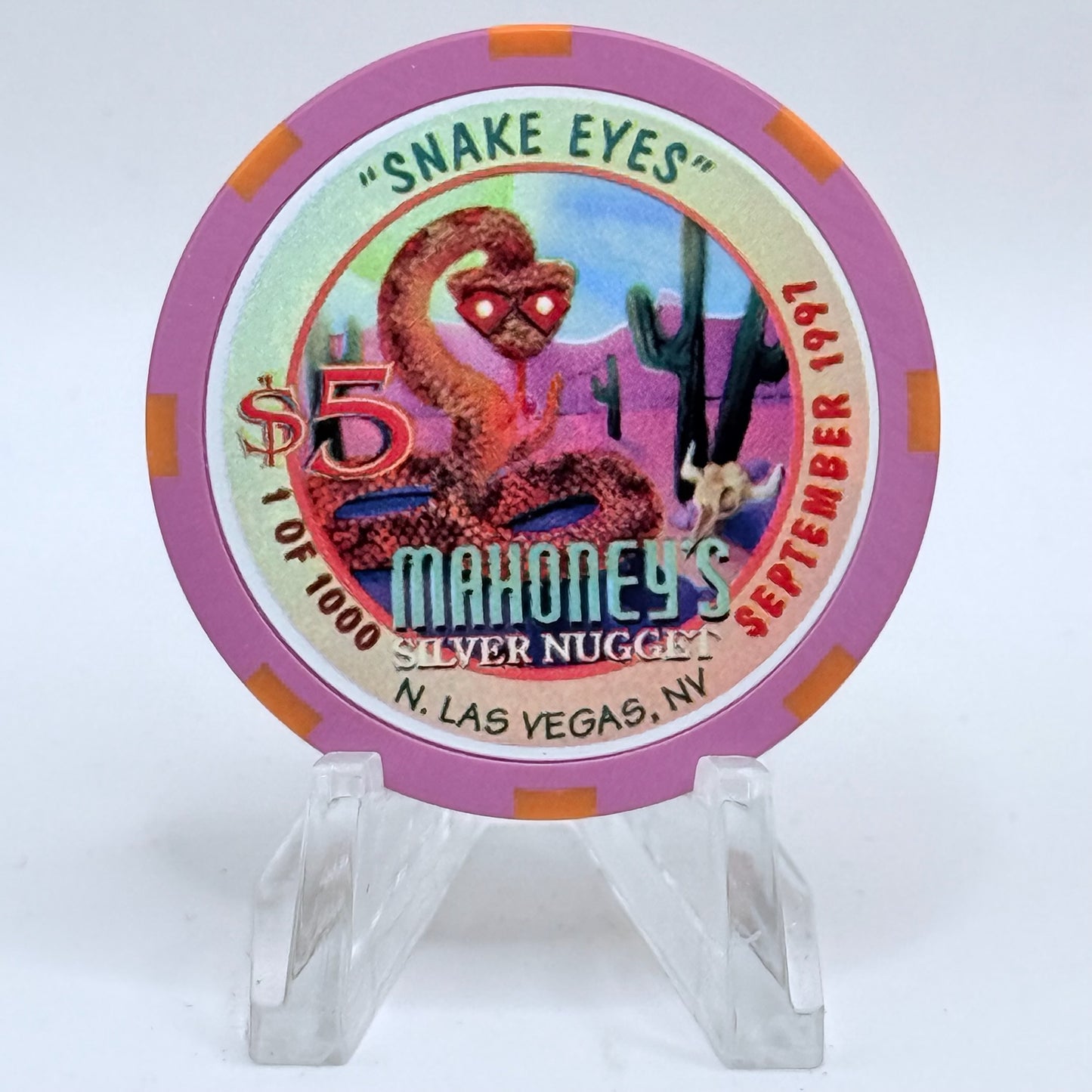 Mahoney's Silver Nugget N. Las Vegas Nevada 1997 'Snake Eyes' LE $5 Casino Chip V1522