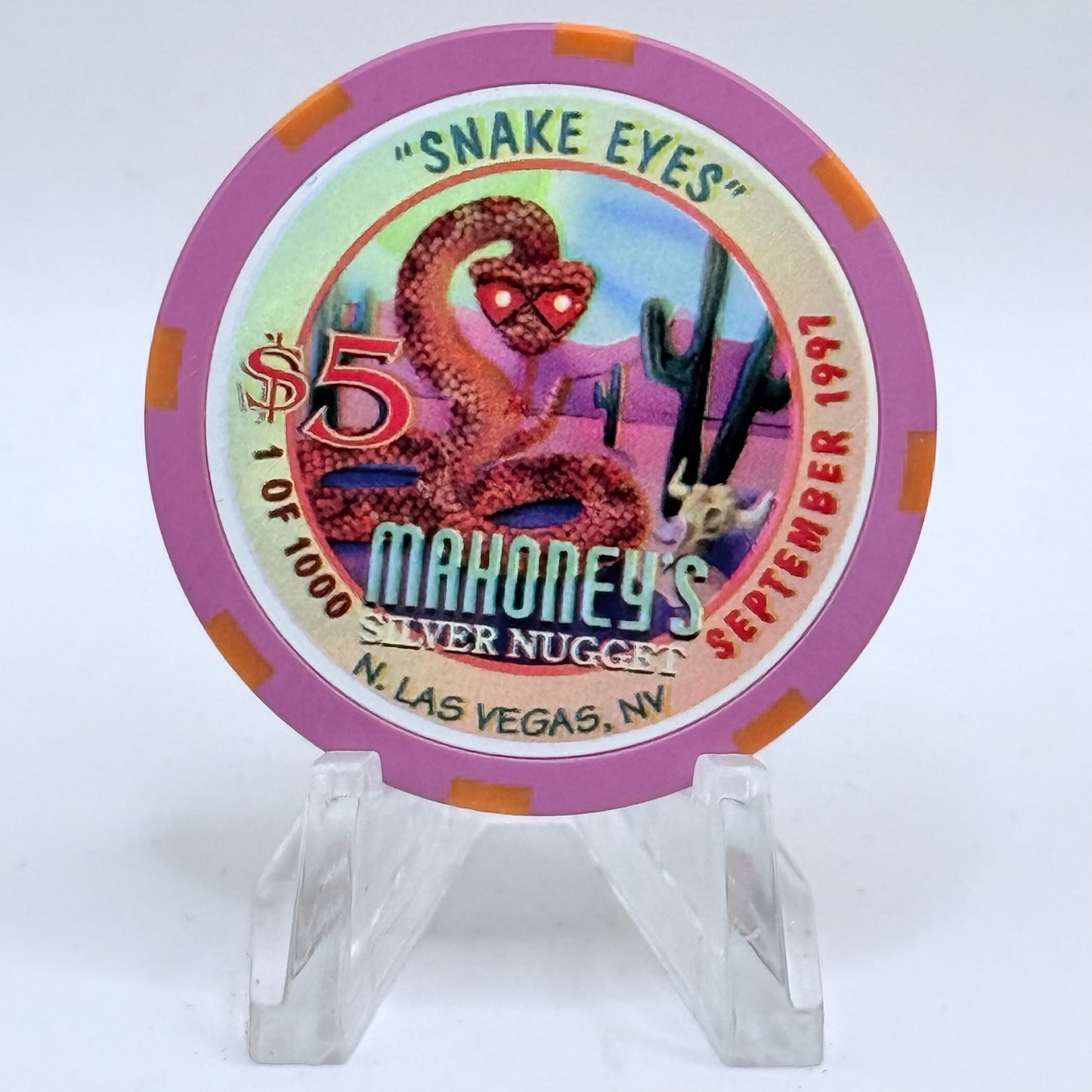 Mahoney's Silver Nugget N. Las Vegas Nevada 1997 'Snake Eyes' LE $5 Casino Chip V1522