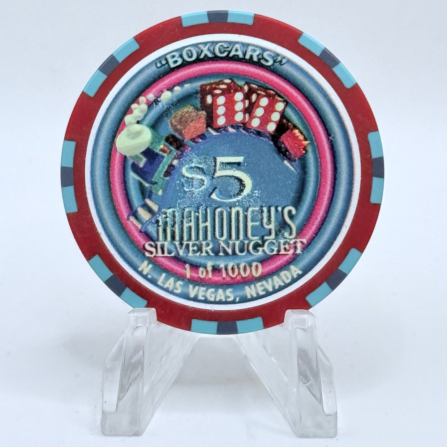 Mahoney's Silver Nugget N. Las Vegas Nevada 1997 'Boxcars' LE $5 Casino Chip N9106
