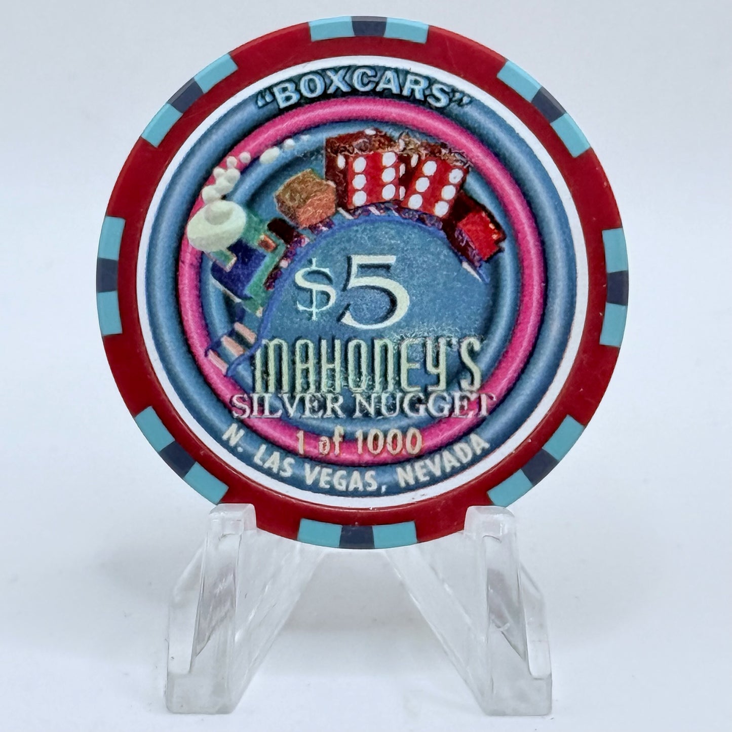 Mahoney's Silver Nugget N. Las Vegas Nevada 1997 'Boxcars' LE $5 Casino Chip N9106