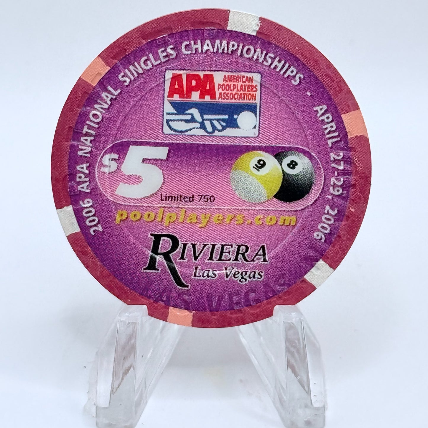 Riviera Las Vegas Nevada 2006 'Apa Pool Tourney' LE $5 Casino Chip E8326
