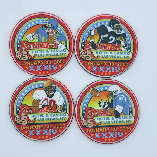 Riviera Las Vegas Nevada 2000 'January 30, Superbowl XXXIV - set of 4 chips' LE $5 Casino Chip