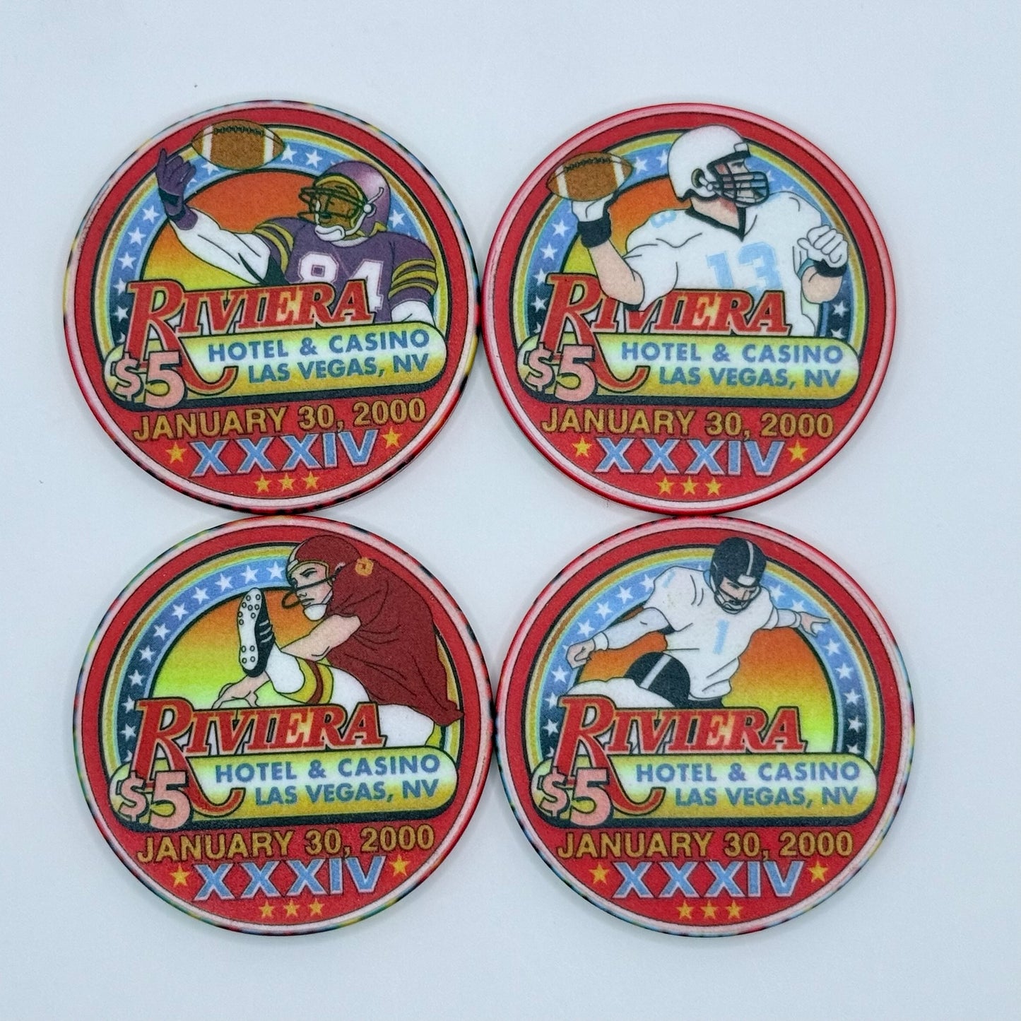 Riviera Las Vegas Nevada 2000 'January 30, Superbowl XXXIV - set of 4 chips' LE $5 Casino Chip