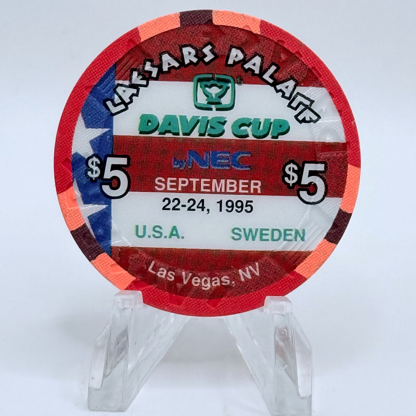 Caesars Palace Las Vegas Nevada 1995 'Davis Cup: USA - Sweden' LE $5 Casino Chip N4731