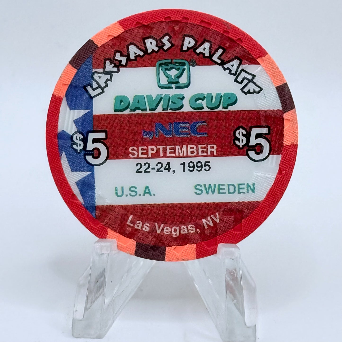 Caesars Palace Las Vegas Nevada 1995 'Davis Cup: USA - Sweden' LE $5 Casino Chip N4731