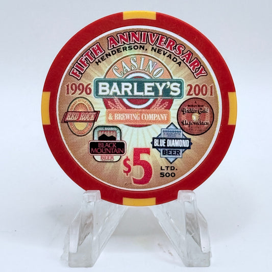 Barley's Casino & Brewing Henderson Nevada 2001 'Fifth Anniversary' LE $5 Casino Chip V7956