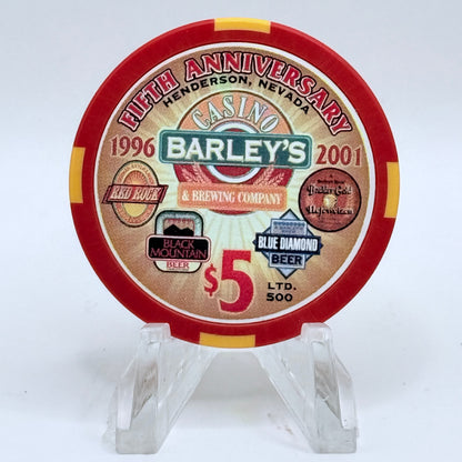 Barley's Casino & Brewing Henderson Nevada 2001 'Fifth Anniversary' LE $5 Casino Chip V7956