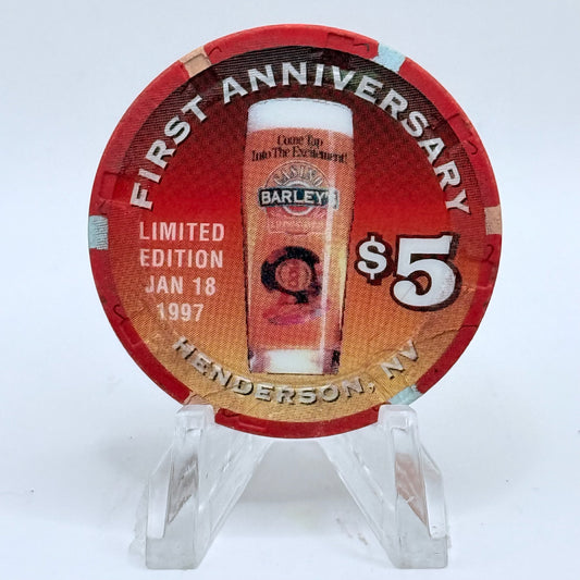 Barley's Casino & Brewing Henderson Nevada 1997 'First Anniversary' LE $5 Casino Chip N7992