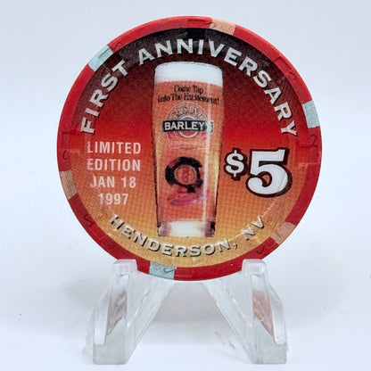 Barley's Casino & Brewing Henderson Nevada 1997 'First Anniversary' LE $5 Casino Chip N7992