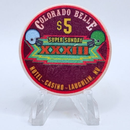 Colorado Belle Laughlin Nevada 1999 'Super Bowl XXXIII' LE $5 Casino Chip V2307