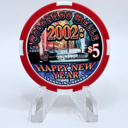Colorado Belle Laughlin Nevada 2002 'Happy New Year' LE $5 Casino Chip V8341