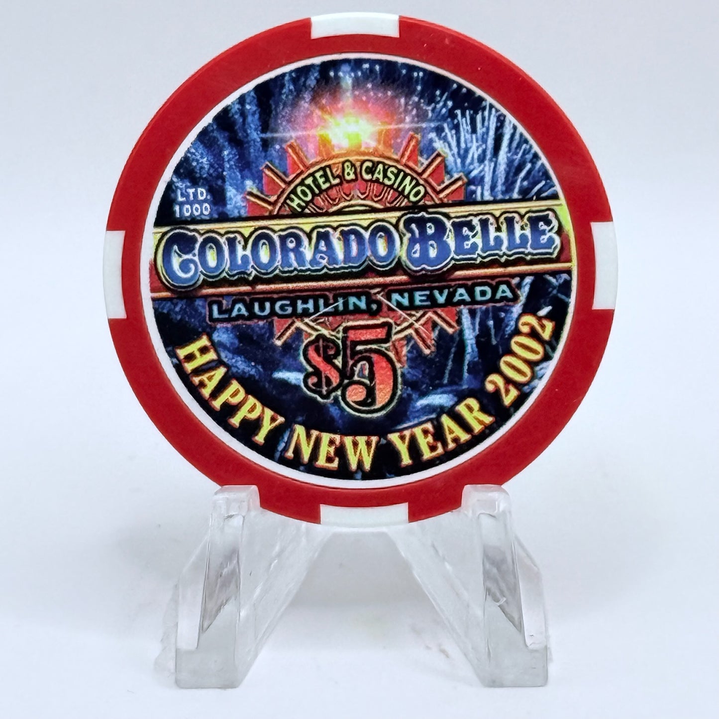 Colorado Belle Laughlin Nevada 2002 'Happy New Year' LE $5 Casino Chip V8341