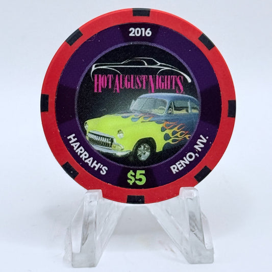 Harrah's Reno Nevada 2016 'Hot August Nights, Flaming Hot Rod' LE $5 Casino Chip