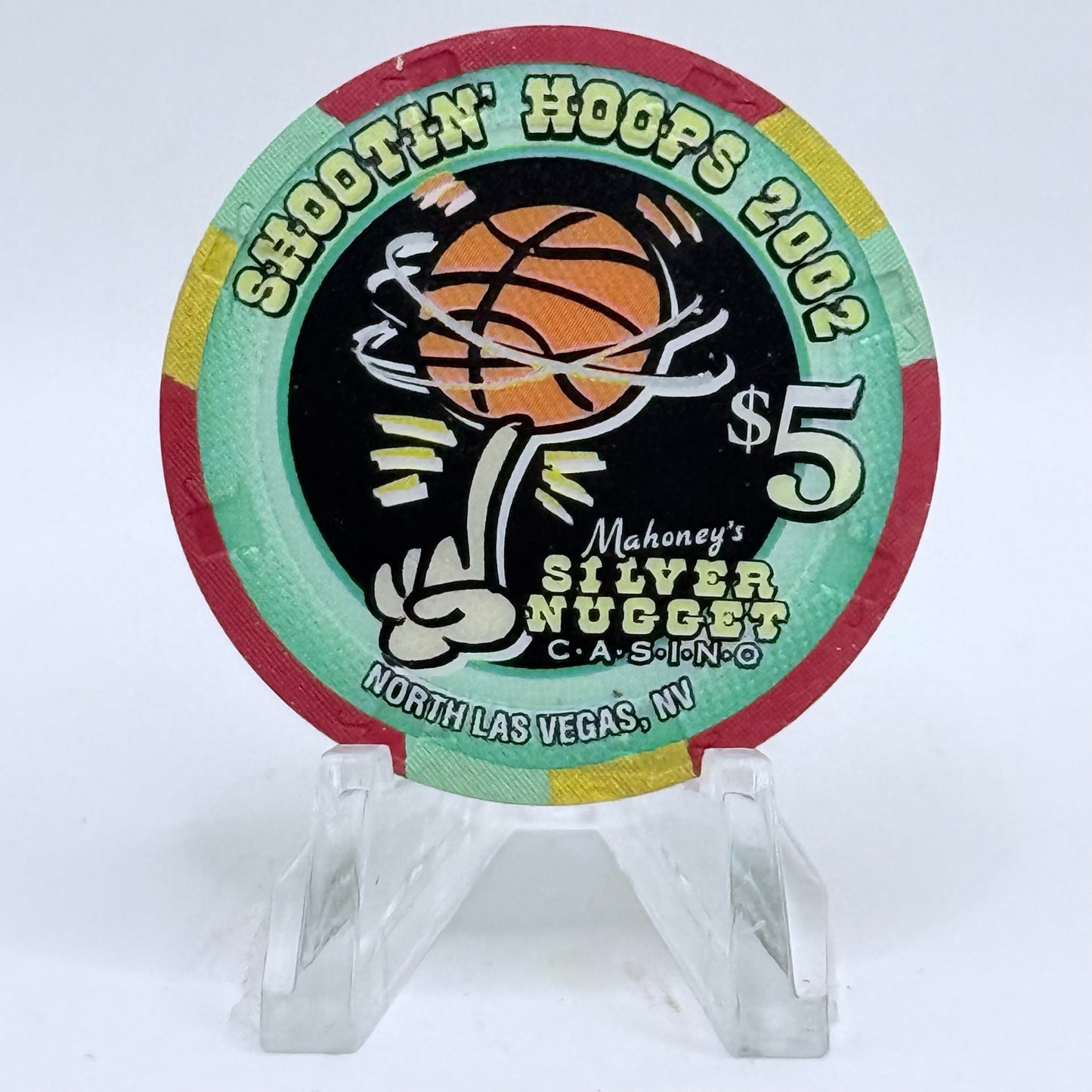 Mahoney's Silver Nugget N. Las Vegas Nevada 2002 'Shootin' Hoops' LE $5 Casino Chip V9785