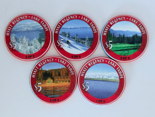 Hyatt Regency (Lake Tahoe) Incline Village Nevada 2000 'Lake Tahoe set of 5' LE $5 Casino Chips V4661-4665